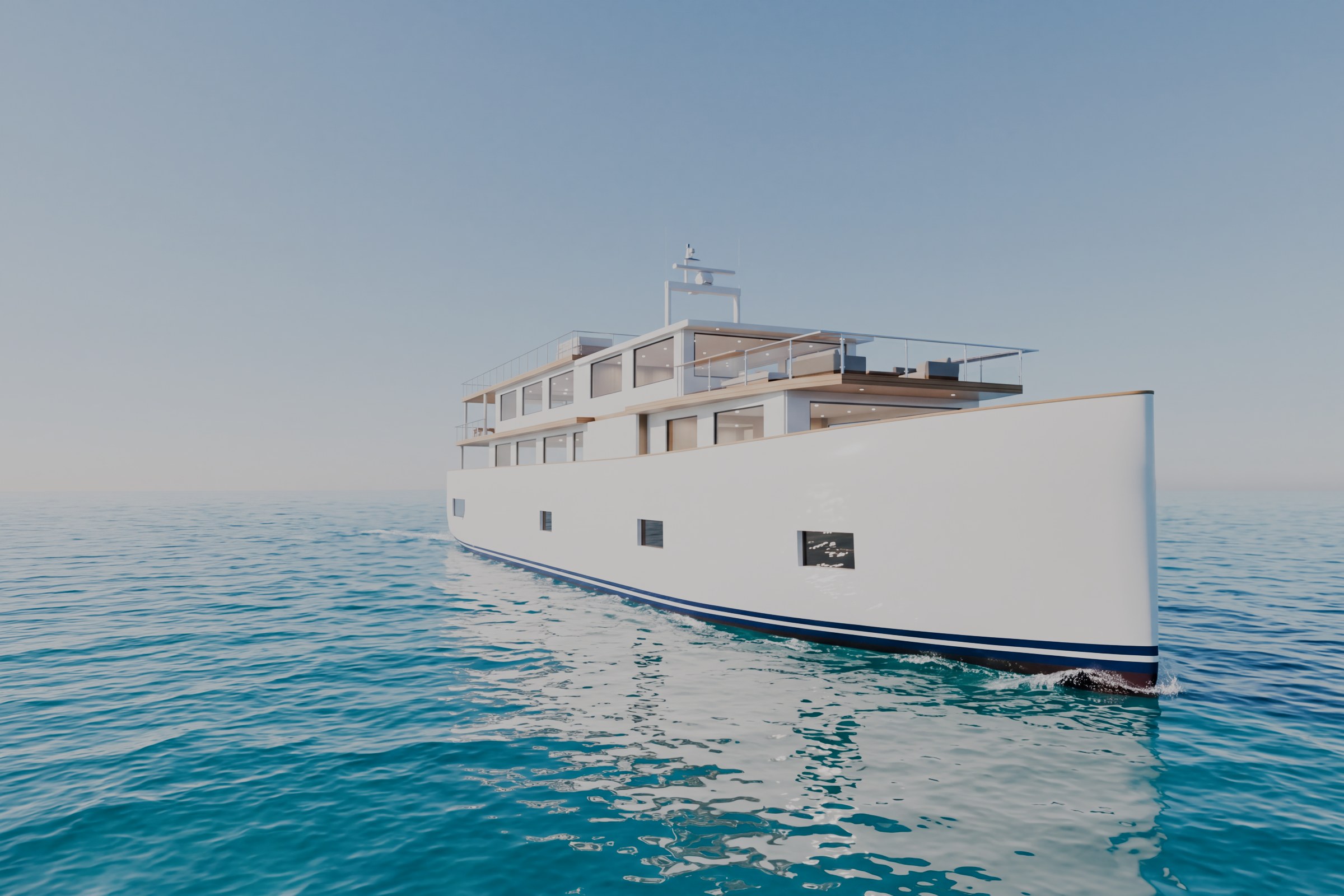 Bow view of the sample yacht with the foredeck lounge and forward hull