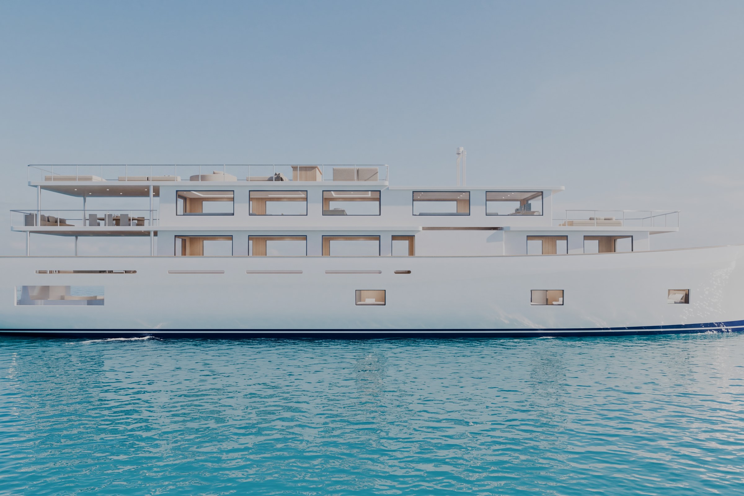 Side profile of the sample yacht showing the hull and four decks