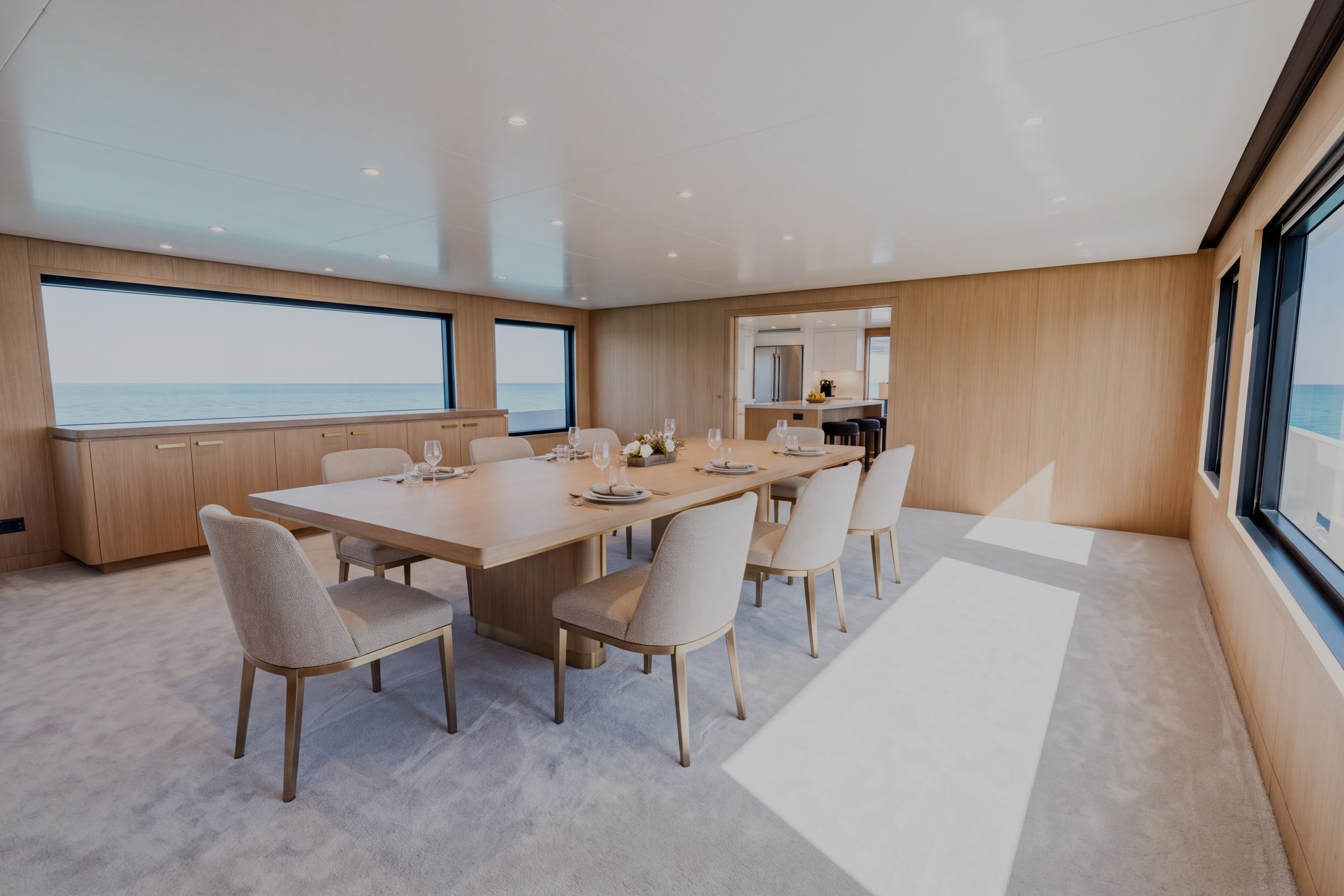 Dining room of the sample yacht with a formal dining table