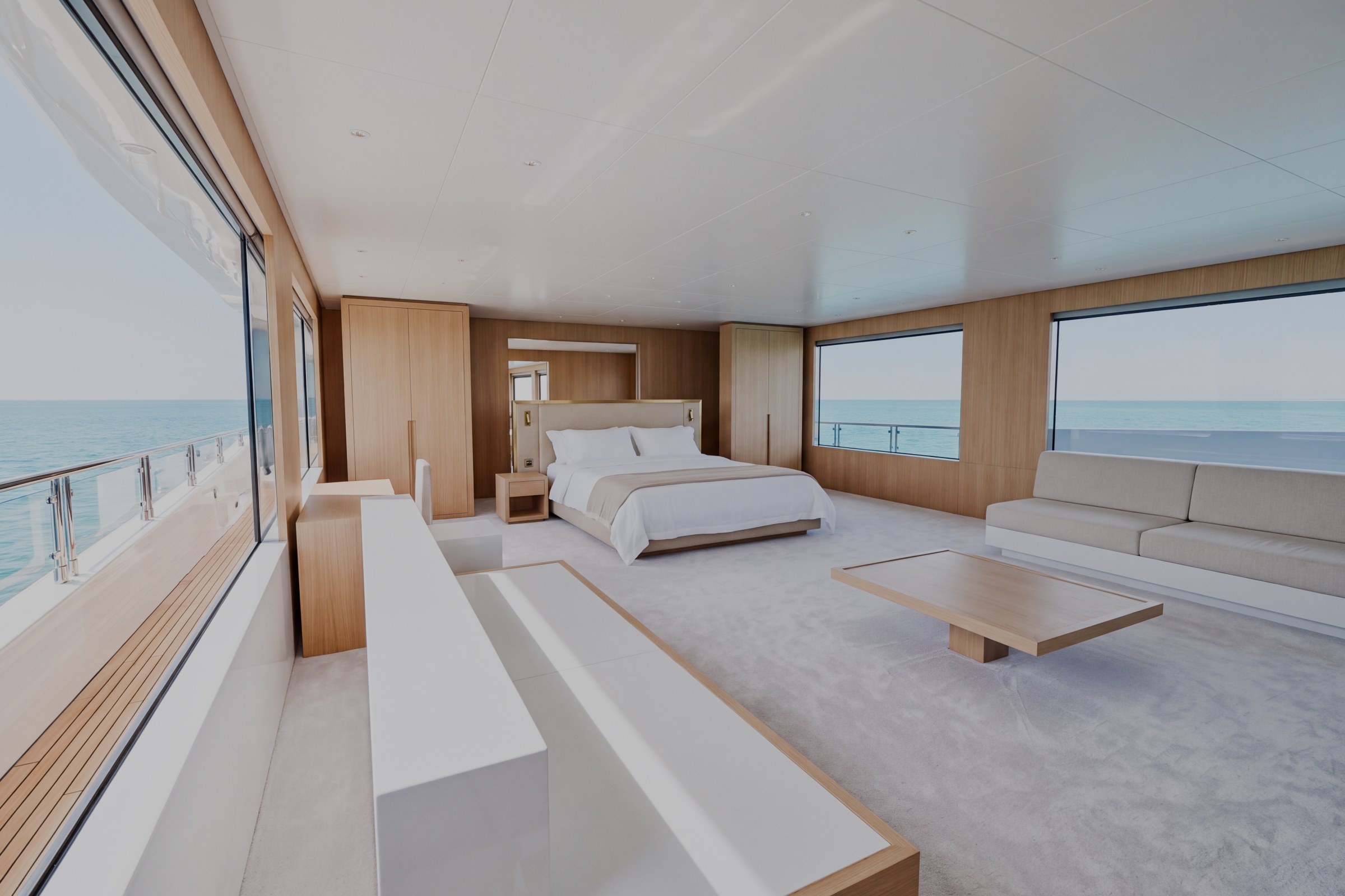 Master suite of the sample yacht with a full-beam bedroom on the main deck