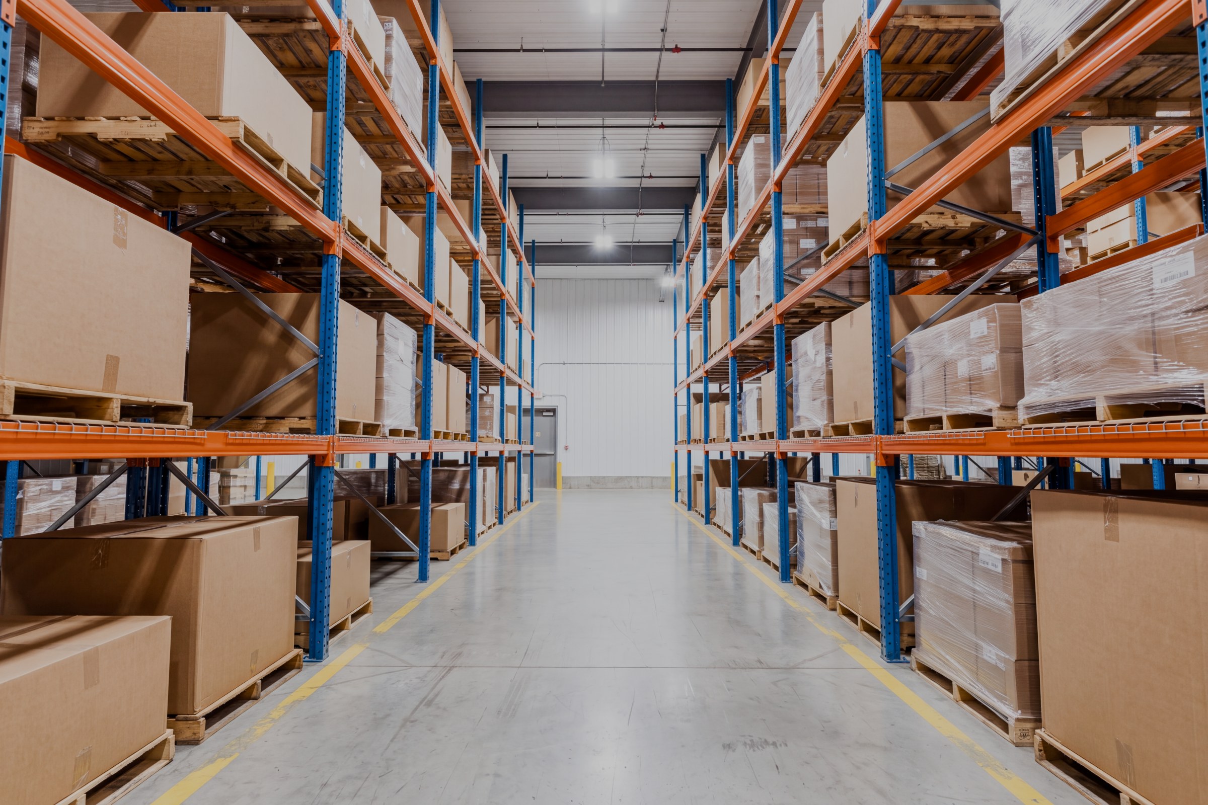 Racking aisle in the sample warehouse, with stored pallets