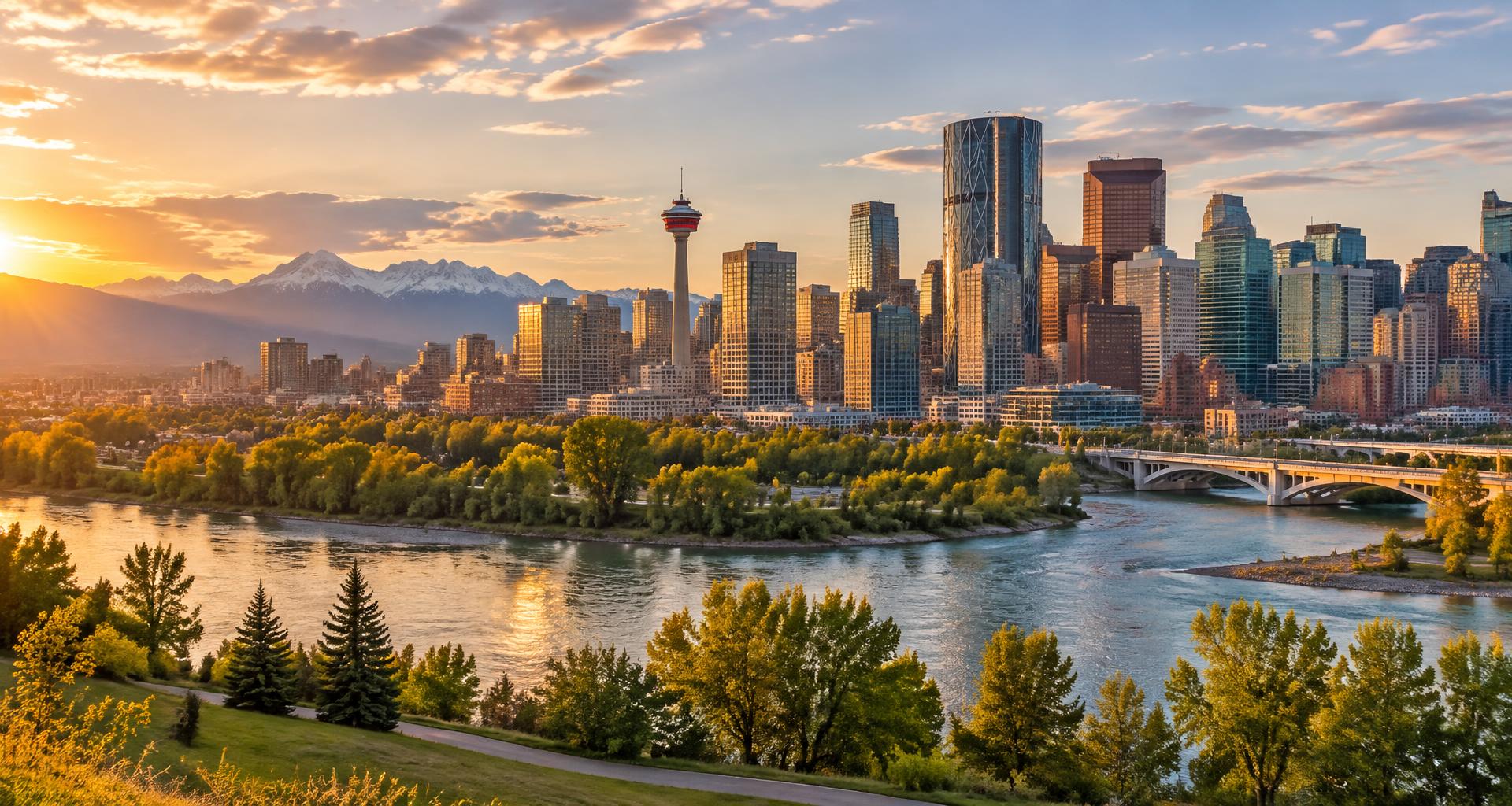 Illustrative Calgary skyline at golden hour, with the Bow River and Rocky Mountains