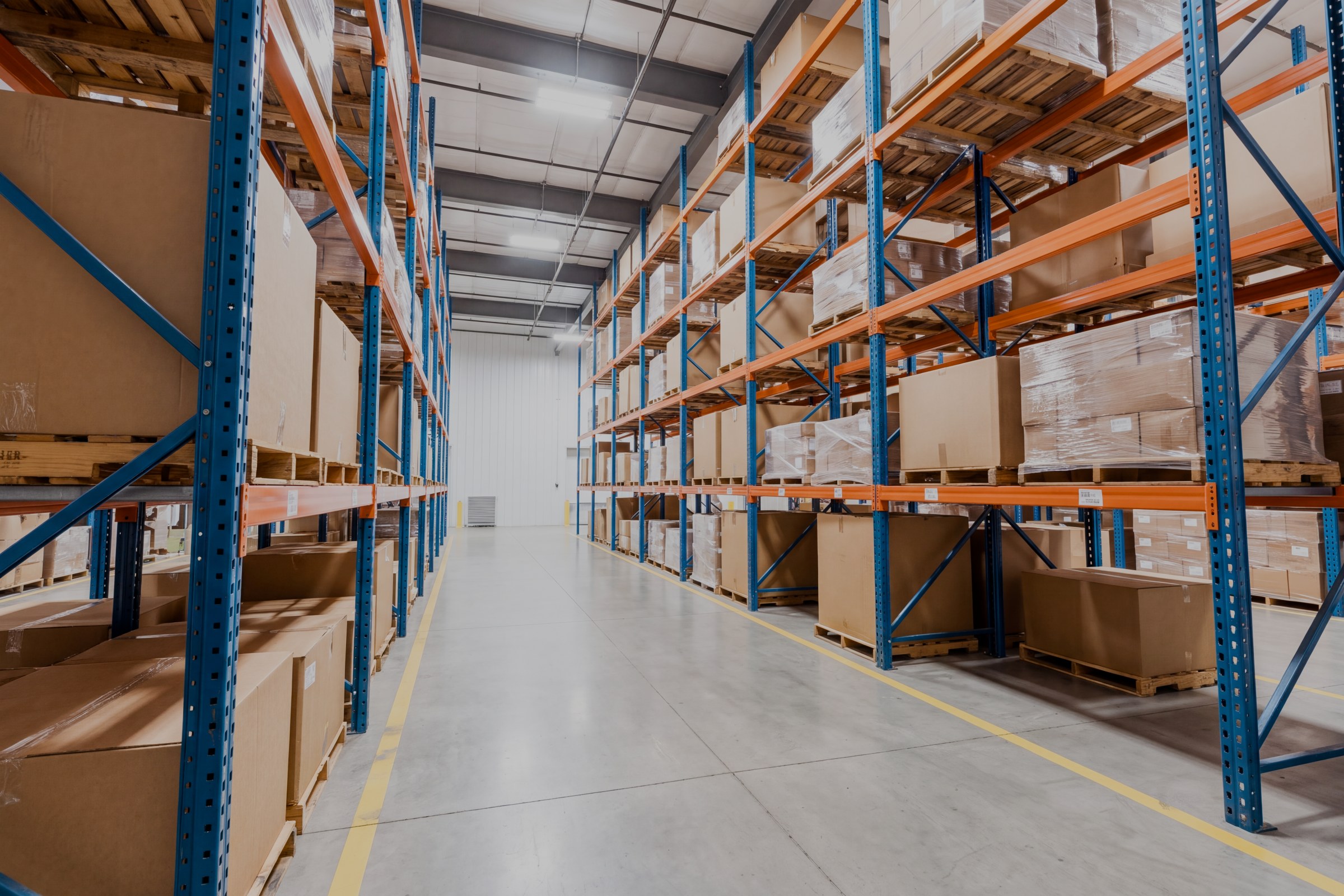 Warehouse floor of the sample building, with tall pallet racks and a broad aisle