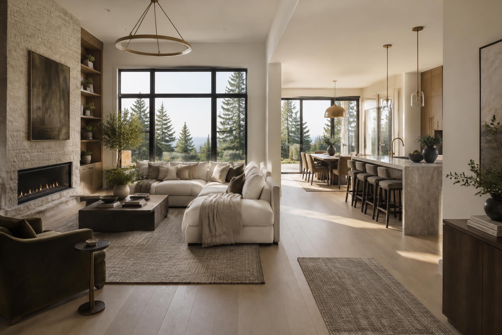 Illustrative Bright living room with connected dining area and kitchen
