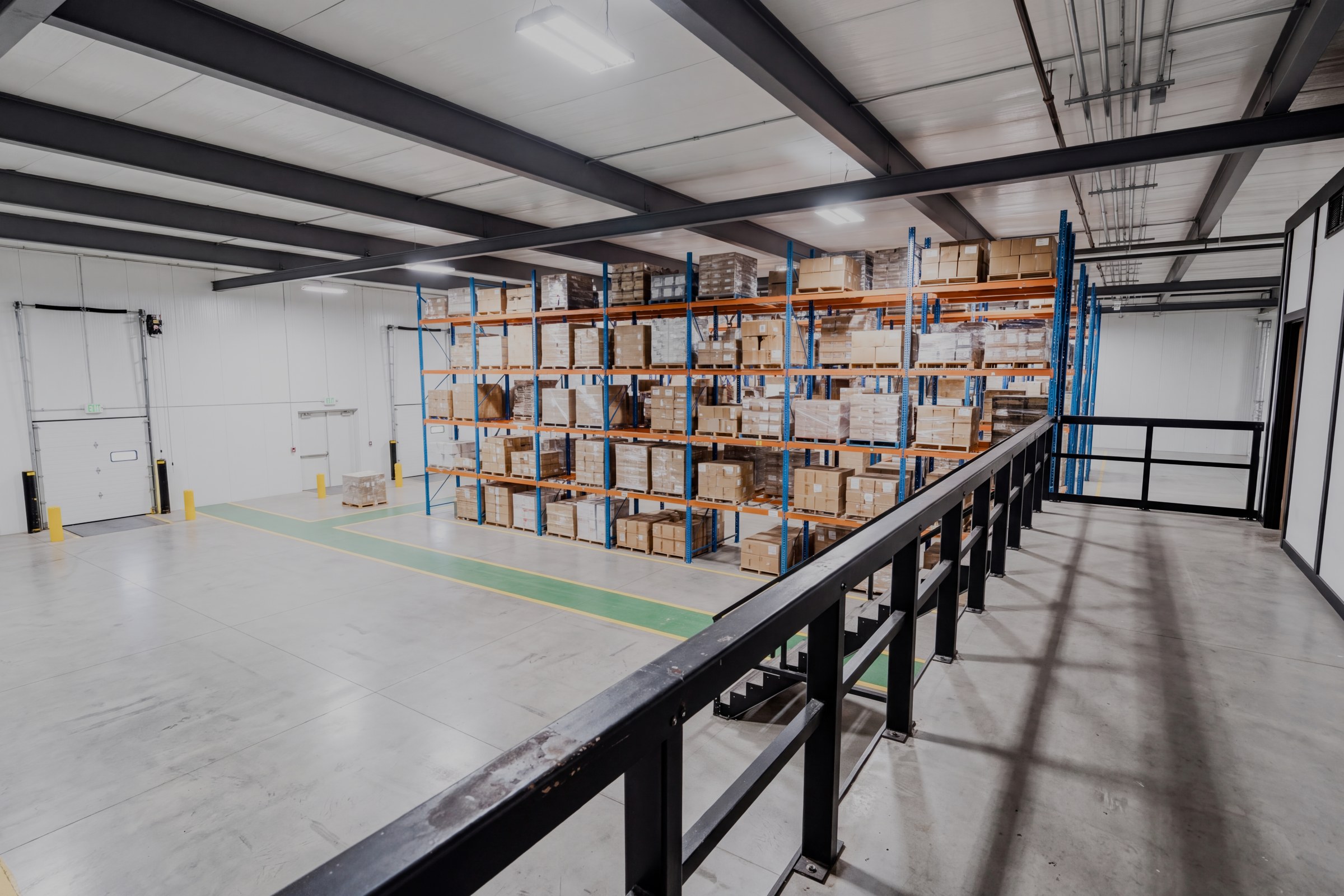 Mezzanine balcony in the sample warehouse, overlooking the storage floor