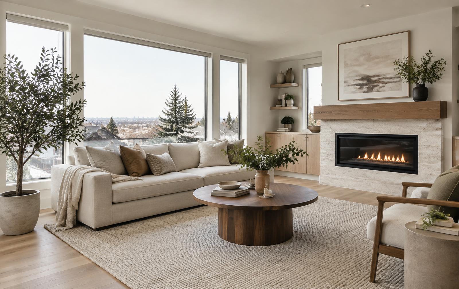Illustrative Illustrative bright modern living room with a cream sofa, round walnut coffee table, wool rug and large daylight windows